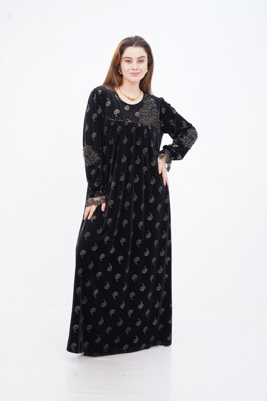 Çiçek Aplikeli Varak Baskı Elbise Siyah - 40-48