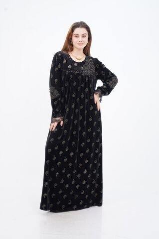 Çiçek Aplikeli Varak Baskı Elbise Siyah - 40-48