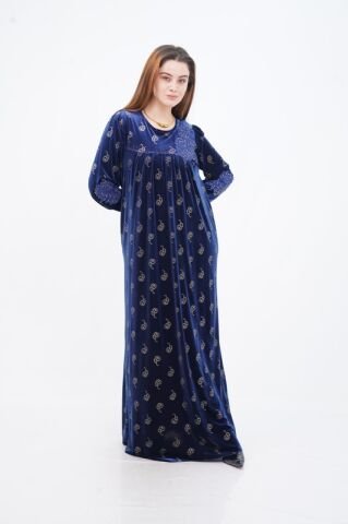 Çiçek Aplikeli Varak Baskı Elbise Saks - 40-48