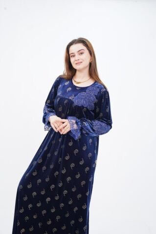 Çiçek Aplikeli Varak Baskı Elbise Saks - 40-48