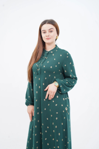 Fırfır Detaylı Hakim Yaka Elbise Zümrüt - 40-48