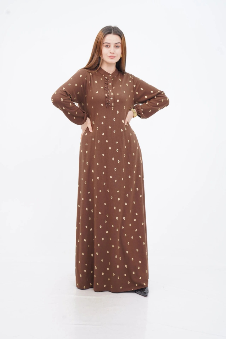 Fırfır Detaylı Hakim Yaka Elbise Camel - 40-48