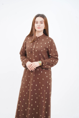 Fırfır Detaylı Hakim Yaka Elbise Camel - 40-48