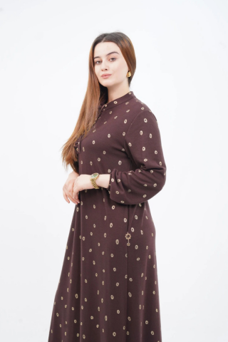 Fırfır Detaylı Hakim Yaka Elbise Kahve - 40-48