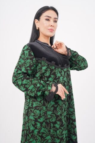 Şerit Dantel Detaylı Desenli Elbise Siyah Yeşil - 40-48