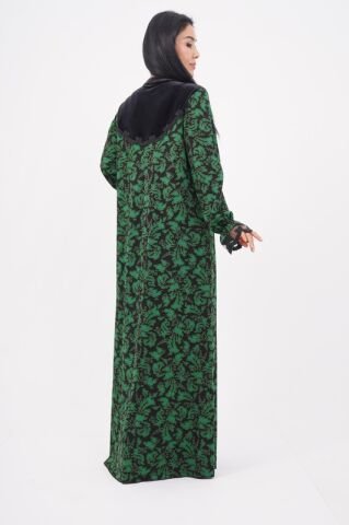 Şerit Dantel Detaylı Desenli Elbise Siyah Yeşil - 40-48