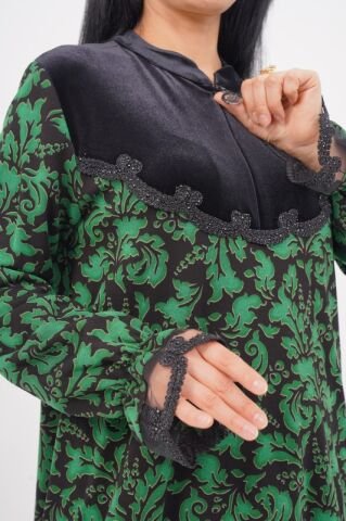 Şerit Dantel Detaylı Desenli Elbise Siyah Yeşil - 40-48