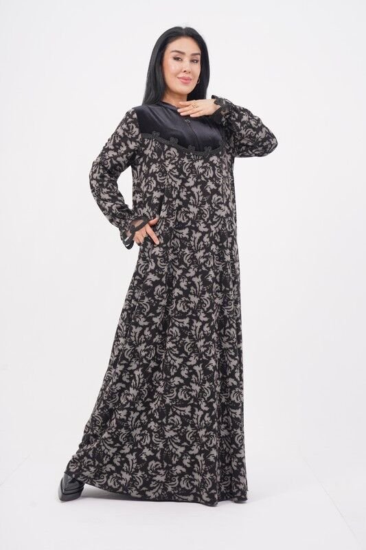 Şerit Dantel Detaylı Desenli Elbise Siyah Gri - 40-48