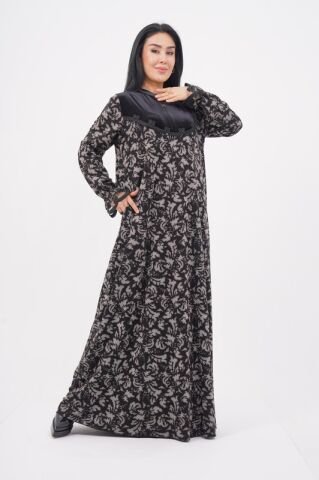 Şerit Dantel Detaylı Desenli Elbise Siyah Gri - 40-48