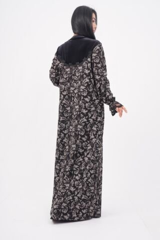 Şerit Dantel Detaylı Desenli Elbise Siyah Gri - 40-48