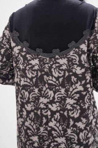 Şerit Dantel Detaylı Desenli Elbise Siyah Gri - 40-48