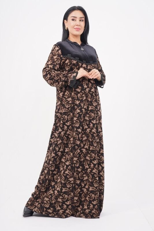 Şerit Dantel Detaylı Desenli Elbise Siyah Kahve - 40-48