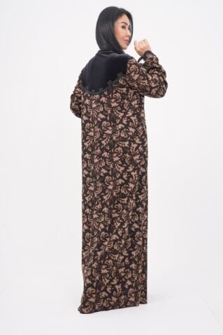 Şerit Dantel Detaylı Desenli Elbise Siyah Kahve - 40-48