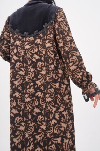 Şerit Dantel Detaylı Desenli Elbise Siyah Kahve - 40-48