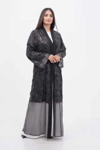 Varak Baskı Abaya Takım Siyah Gümüş - 40-48