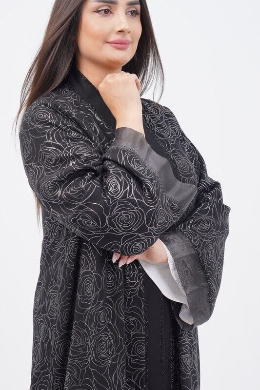 Varak Baskı Abaya Takım Siyah Gümüş - 40-48