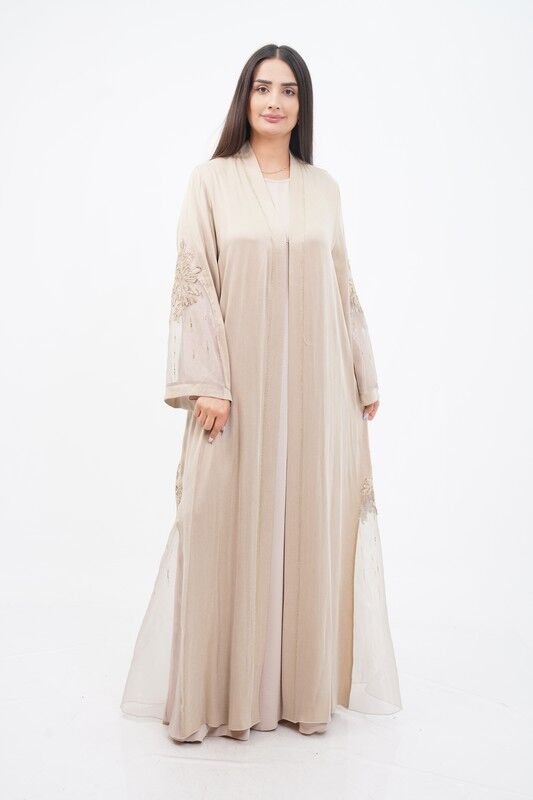 Organze Detay Tensel Abaya Takım Bej - 40-48