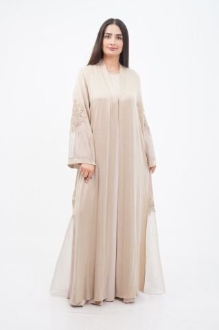 Organze Detay Tensel Abaya Takım Bej - 40-48