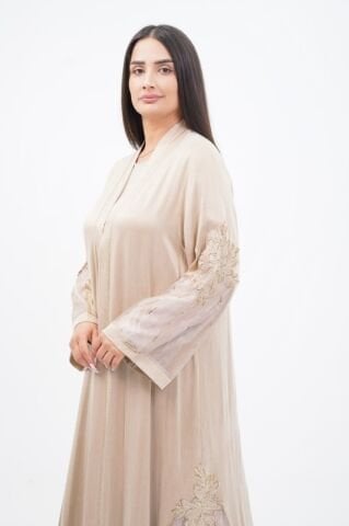 Organze Detay Tensel Abaya Takım Bej - 40-48