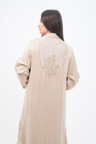 Organze Detay Tensel Abaya Takım Bej - 40-48