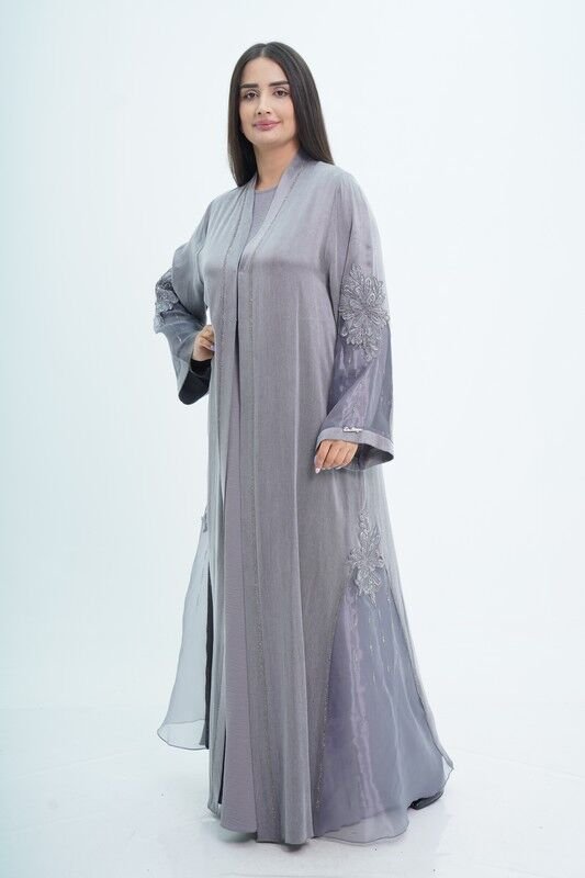 Organze Detay Tensel Abaya Takım Gri - 40-48