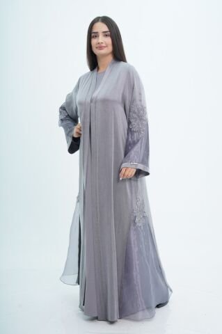 Organze Detay Tensel Abaya Takım Gri - 40-48