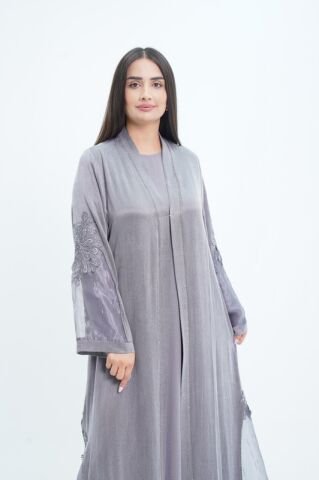Organze Detay Tensel Abaya Takım Gri - 40-48