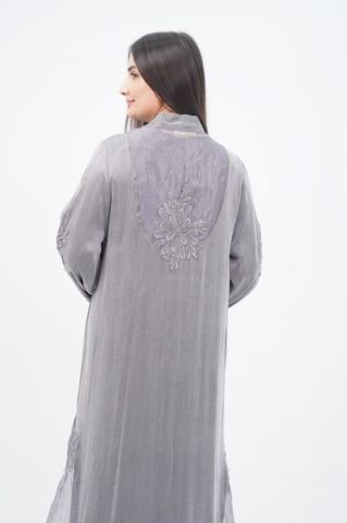 Organze Detay Tensel Abaya Takım Gri - 40-48