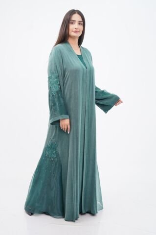 Organze Detay Tensel Abaya Takım Zümrüt - 40-48