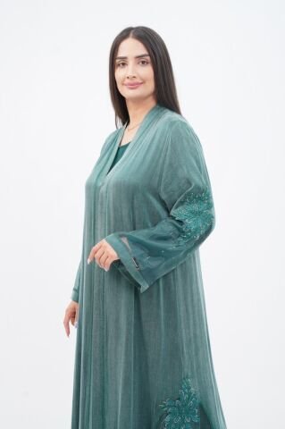 Organze Detay Tensel Abaya Takım Zümrüt - 40-48