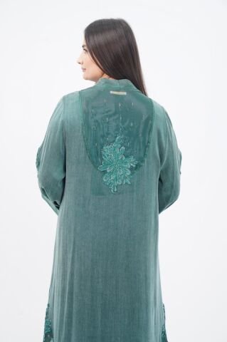 Organze Detay Tensel Abaya Takım Zümrüt - 40-48