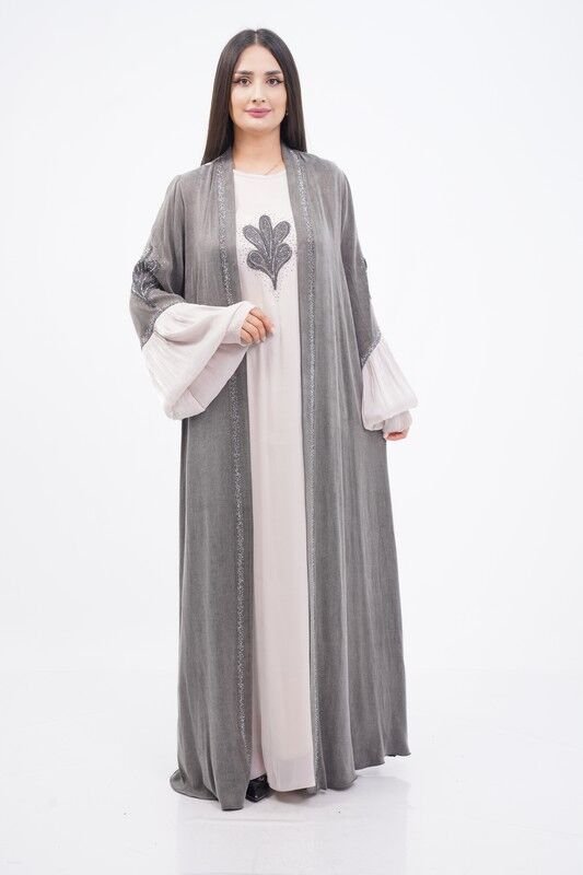Aplike Tensel Abaya Takım Gri - 40-48