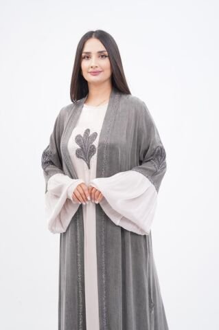 Aplike Tensel Abaya Takım Gri - 40-48