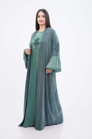 Aplike Tensel Abaya Takım Zümrüt - 40-48