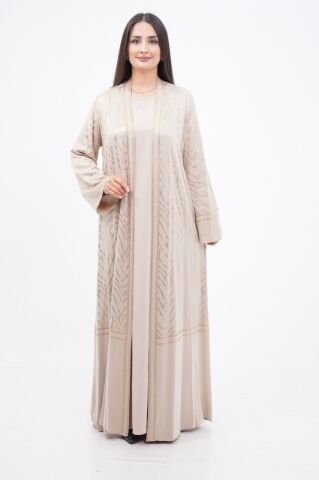 Varak Baskılı Tensel Abaya Takım Bej - 40-48