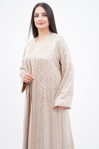 Varak Baskılı Tensel Abaya Takım Bej - 40-48