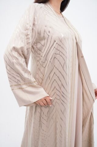 Varak Baskılı Tensel Abaya Takım Bej - 40-48