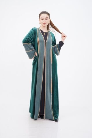 Şerit Taşlı Abaya Takım Yeşil - 40-48