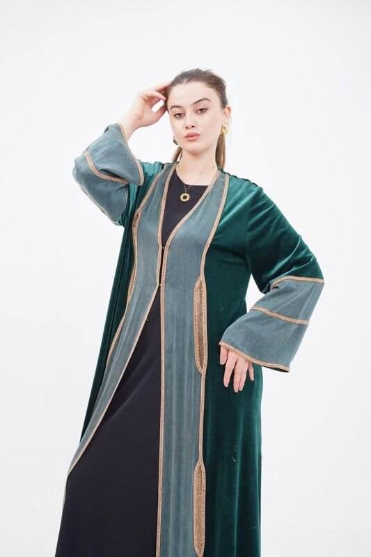Şerit Taşlı Abaya Takım Yeşil - 40-48