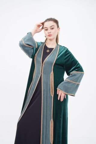 Şerit Taşlı Abaya Takım Yeşil - 40-48