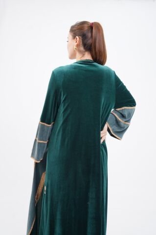 Şerit Taşlı Abaya Takım Yeşil - 40-48