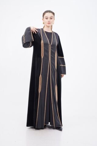 Şerit Taşlı Abaya Takım Siyah - 40-48
