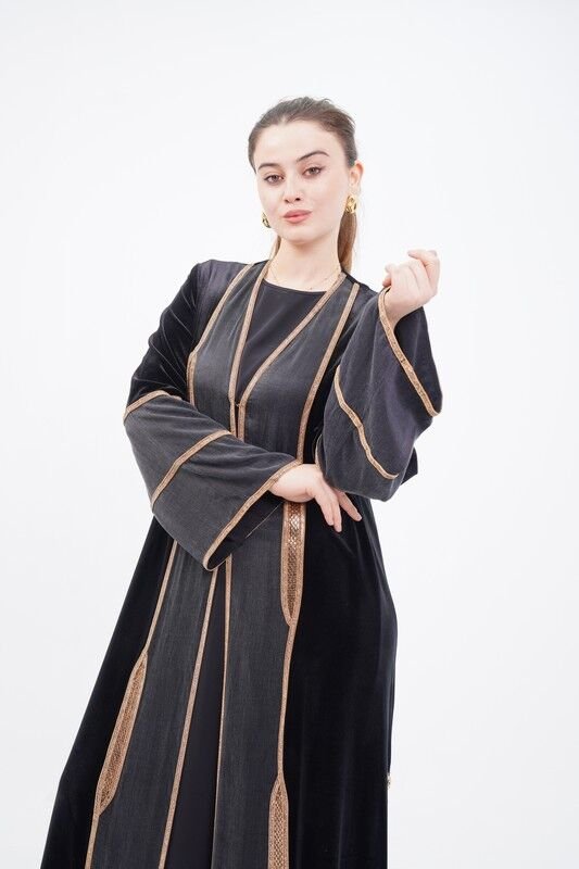 Şerit Taşlı Abaya Takım Siyah - 40-48