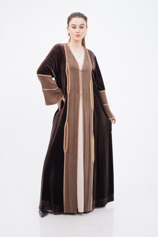 Şerit Taşlı Abaya Takım Kahve - 40-48