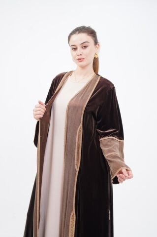 Şerit Taşlı Abaya Takım Kahve - 40-48