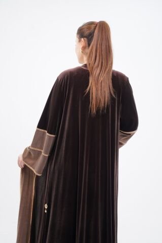 Şerit Taşlı Abaya Takım Kahve - 40-48
