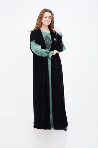 Dantel Detay Abaya Takım Zümrüt - 40-48