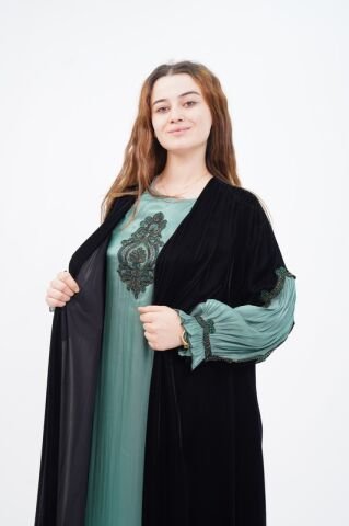 Dantel Detay Abaya Takım Zümrüt - 40-48