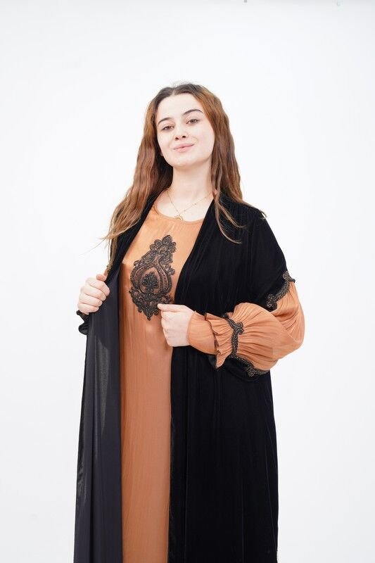 Dantel Detay Abaya Takım Camel - 40-48