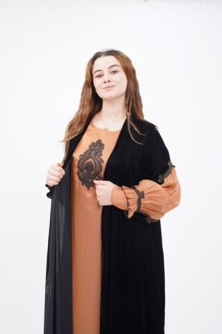 Dantel Detay Abaya Takım Camel - 40-48
